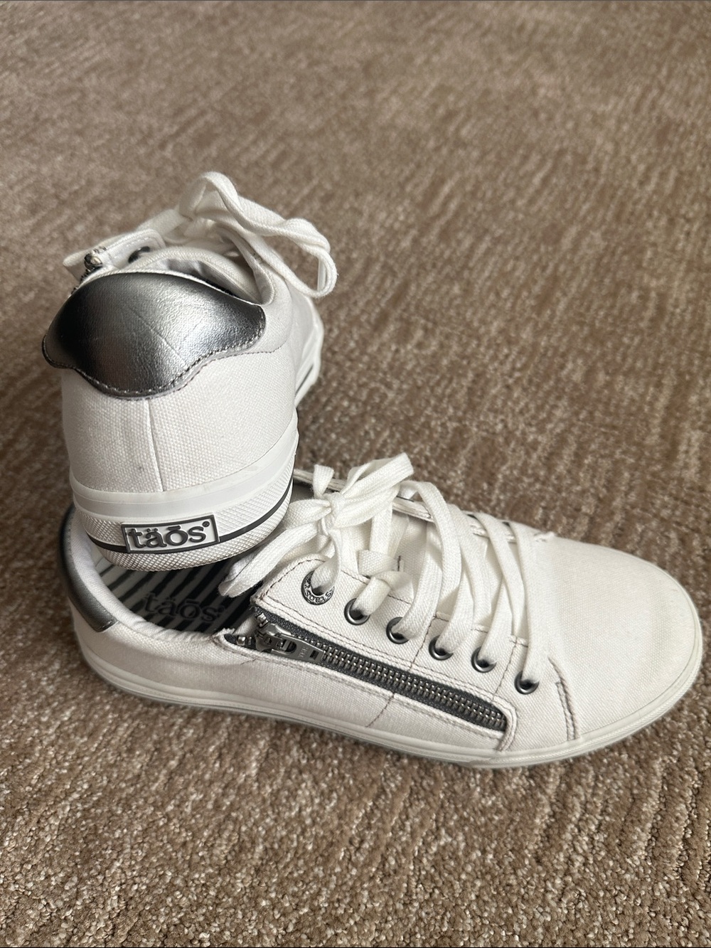 Taos Footwear White Sneakers with Silver Heel and Side Zipper